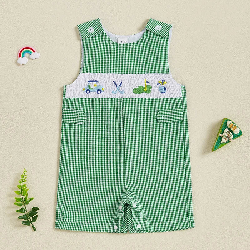 "Golfing Baby" Green Checked Romper