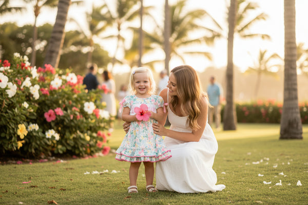 Floral dress with 'I ❤️ Mommy' text on a light gray background