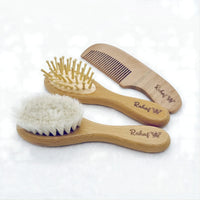 Set of three personalized wooden baby brushes and combs with engraved name.