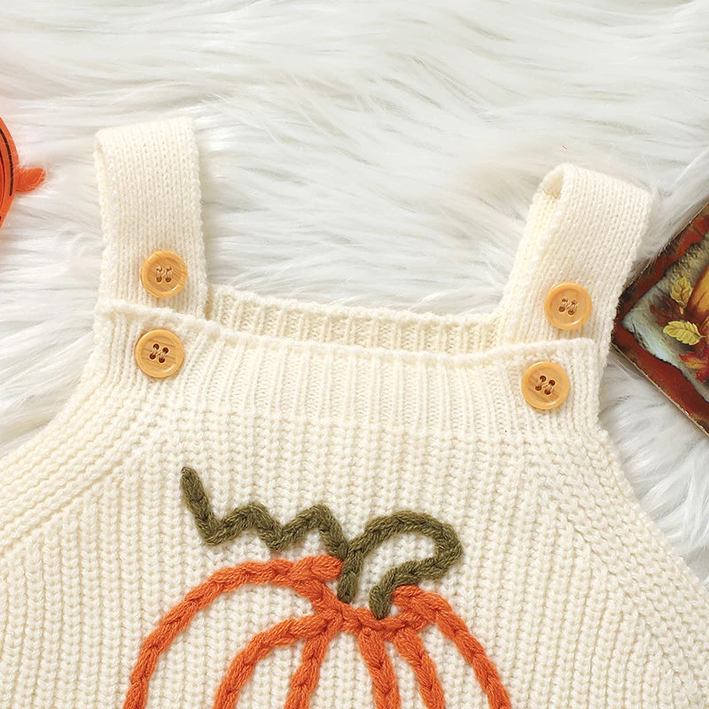 Buttons on Pumpkin Embroidered Overalls Knit Baby Outfit - Featuring practical buttons, this knit baby outfit is designed for easy dressing.