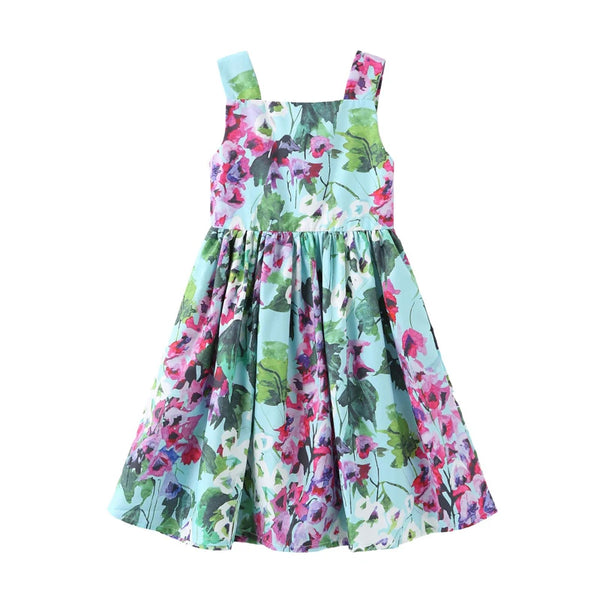 'Spring Frolic' Little Girls Party Dress featuring a vibrant floral print in blue, purple, and green hues, designed for comfort and style.