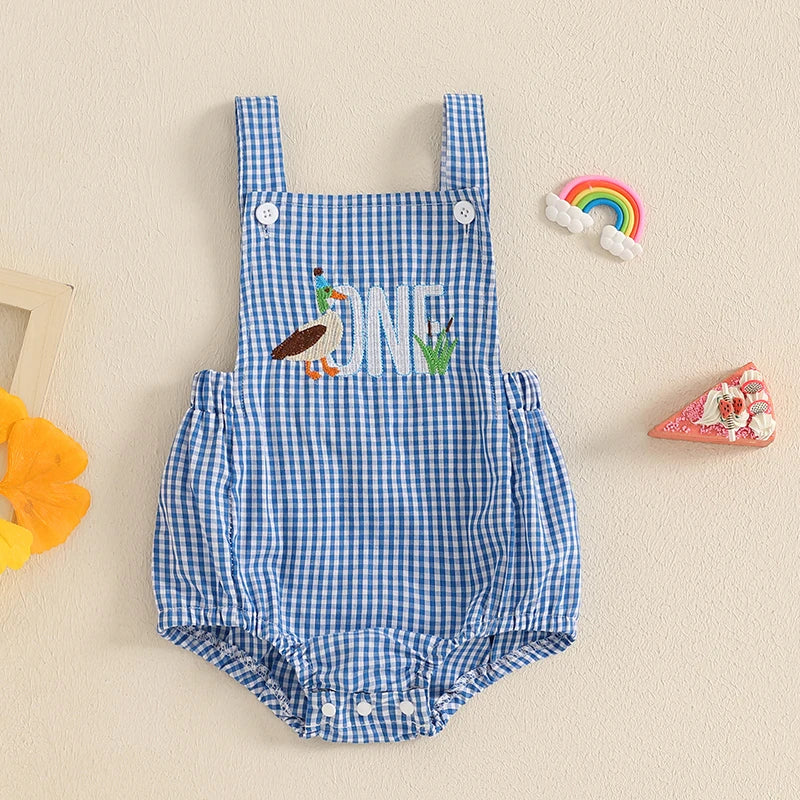 Duck themed birthday romper in a playful blue and white check fabric, adorned with colorful 'ONE' embroidery.