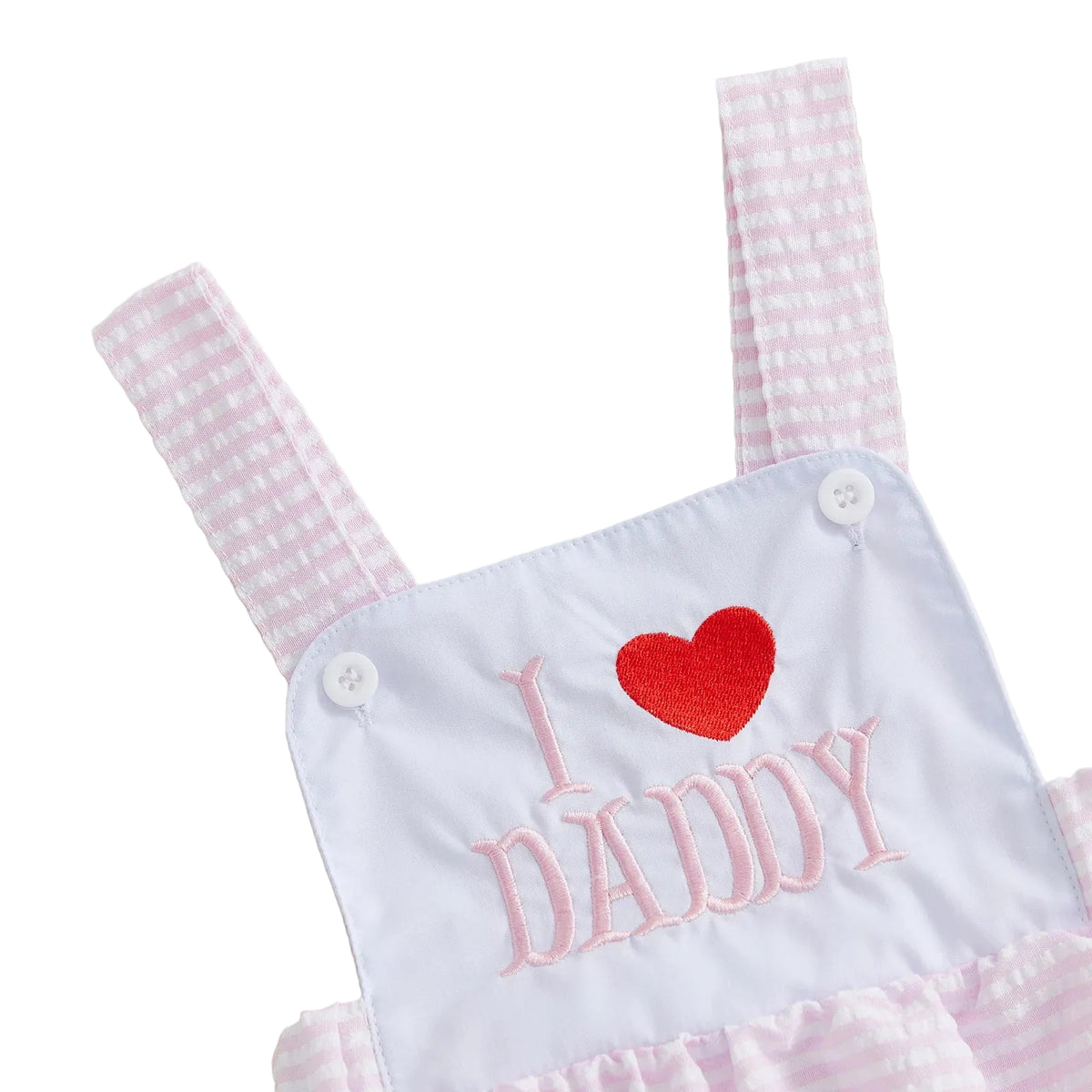 I Love Daddy Overalls Bubble: light blue bib with pink 'Daddy' embroidery, red heart, pink striped straps.