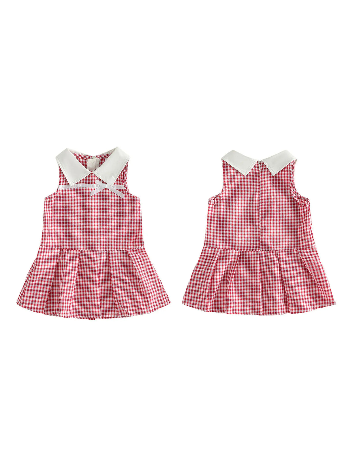 Two red gingham Chelsea girls dresses with white Peter Pan collars, bow accents, sleeveless, knee-length pleated skirts
