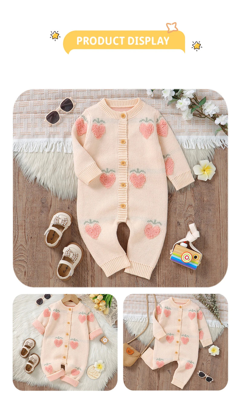 Close-up image of the Pretty in Princess Peach Knitted Romper buttoned front, emphasizing functionality for easy dressing for newborns.