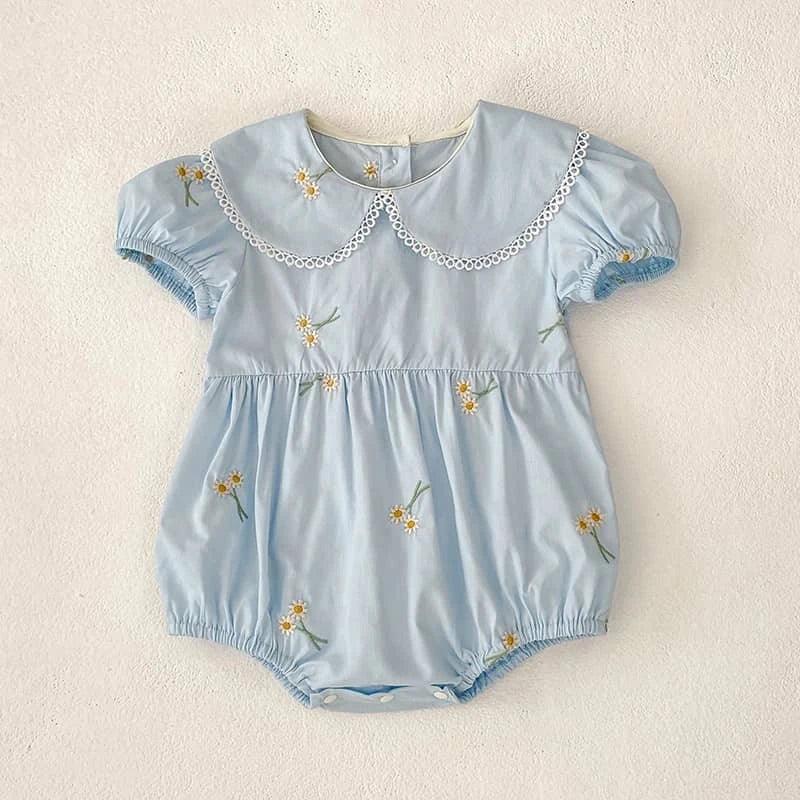Light blue embroidered baby bubble romper with floral designs and lace collar for infants