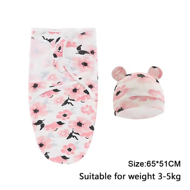 Soothing Baby Swaddle Set Cartoon for Newborns featuring a floral design swaddle wrap with a cute hat, designed for cozy fits.