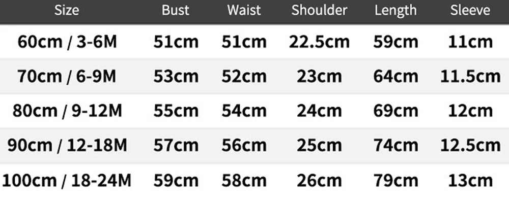 Tabitha Elegant Baptism Flower Girl Dress size chart bust, waist, shoulder, length, sleeve measurements 60cm-100cm.