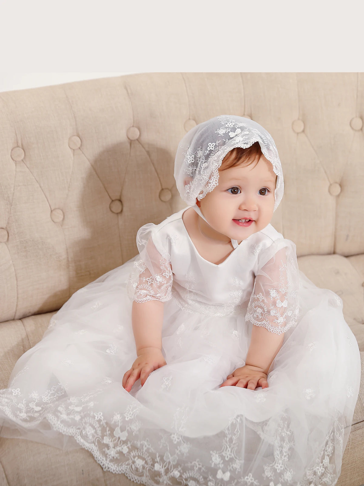 Aimee Baptism Special Occasion Dress with Lace Bonnet - The Palm Beach Baby Estimated 13 - 21 Day Shipping