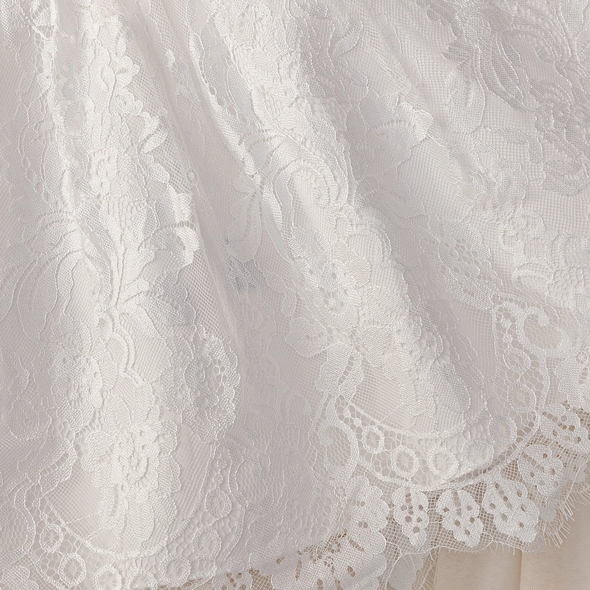 Tabitha Elegant Baptism Flower Girl Dress fabric: white lace with delicate floral pattern.