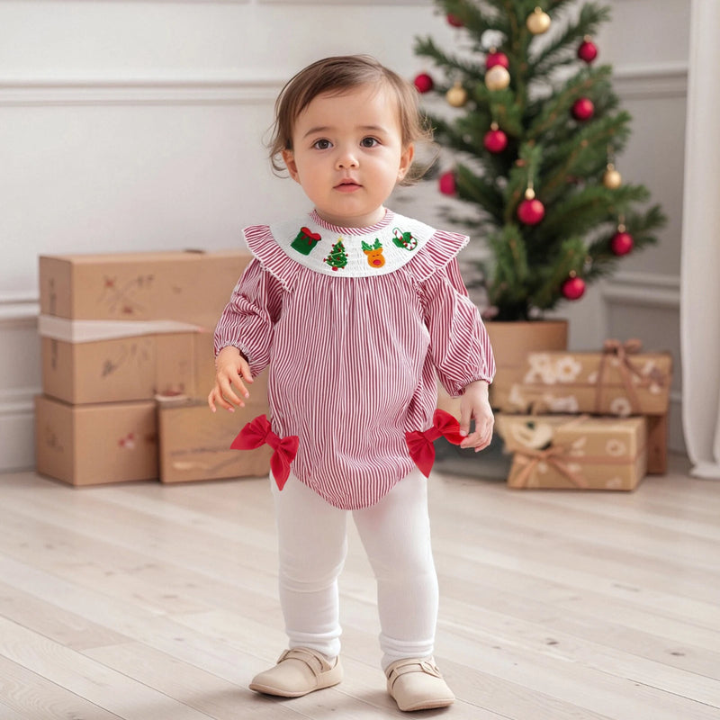 Bows and Stripes Smocked Christmas Bubble - 2 Holiday Colors
