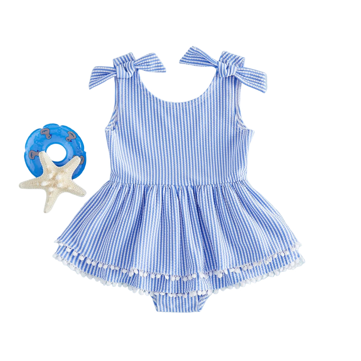 Blue and white seersucker stripe romper swimsuit for babies to toddlers with bow shoulders and tassel trim.
