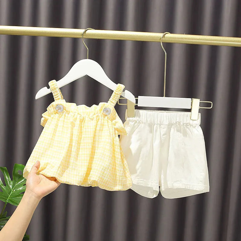 "Katie" Cotton Summer Shorts Set - Lightweight Yellow Plaid Top & White Shorts for Girls - The Palm Beach Baby