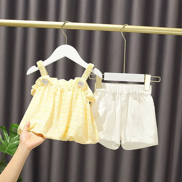"Katie" Cotton Summer Shorts Set - Lightweight Yellow Plaid Top & White Shorts for Girls - The Palm Beach Baby