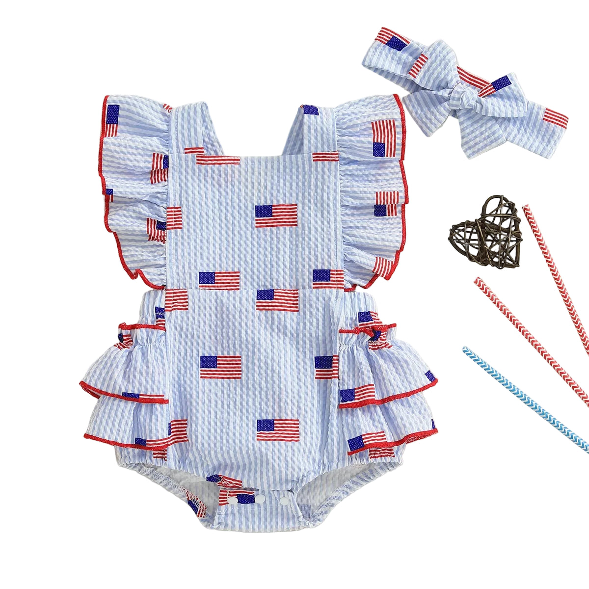 Independence Day Seersucker Splash Flag Print Baby Outfit - The Palm Beach Baby Estimated 12 - 19 Day Shipping