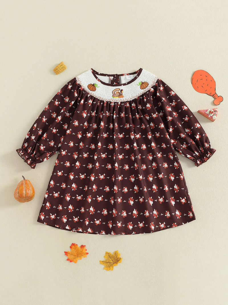Gobbly Cute Fall Smocked Turkey Embroidered Dress