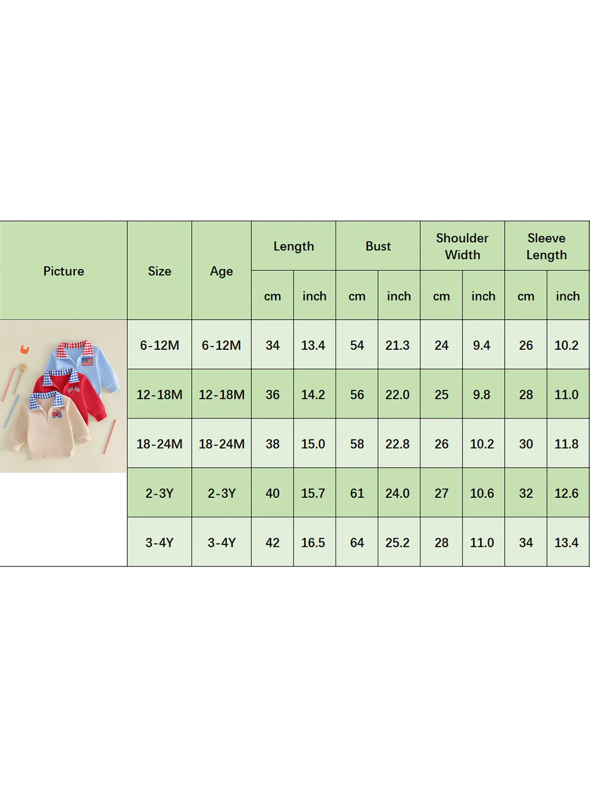 Size chart for children's clothing with measurements in centimeters and inches.