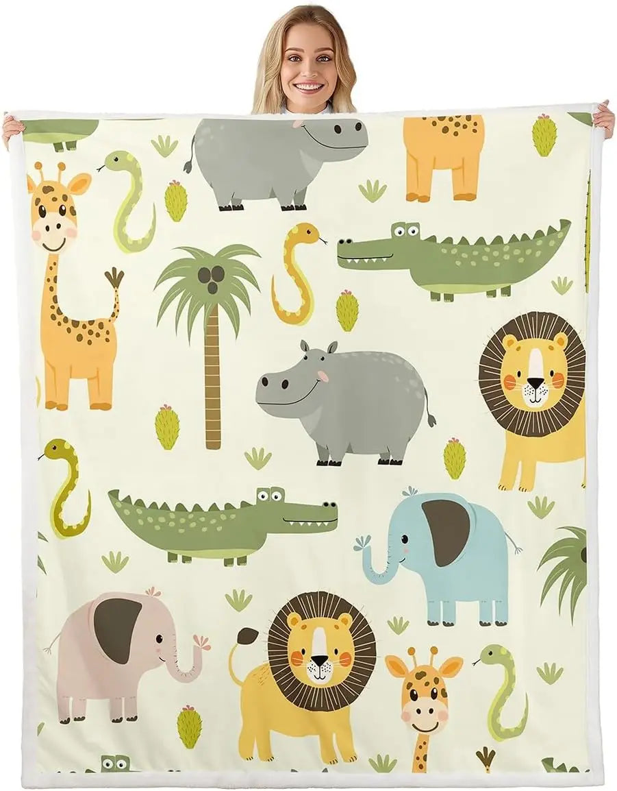 Jungle Rumble double-sided children's blanket with colorful cartoon safari animals.