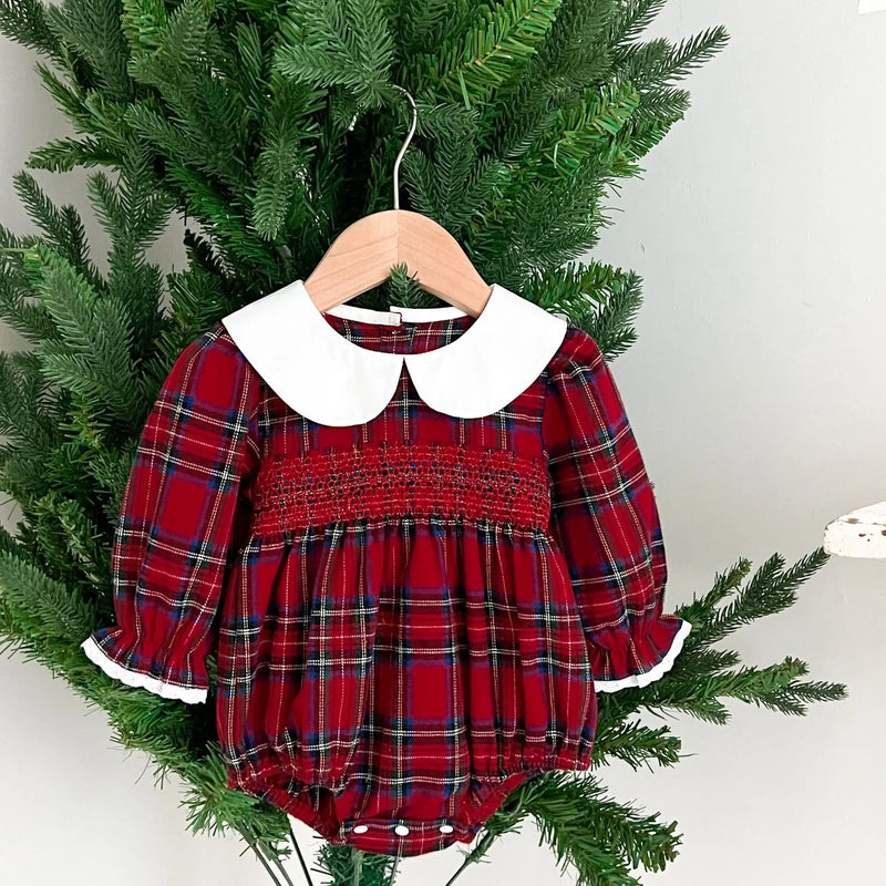 "Pamela Plaid" Smocked Long Sleeve Bubble - Classic Peter Pan Collar
