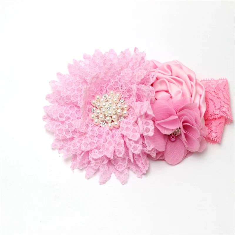 Elegant Chiffon Beaded Baby Hair Accessories showcasing a light pink flower headband with pearl centers, perfect for special gatherings.
