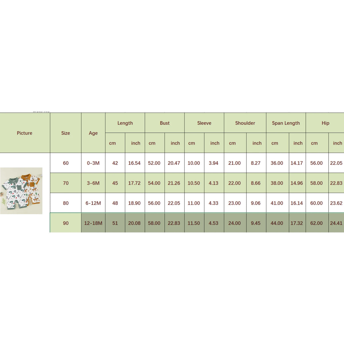 Size chart for Adorable Sporty Polo Style Boys Romper—Western or Fishing themed; small romper image on left.