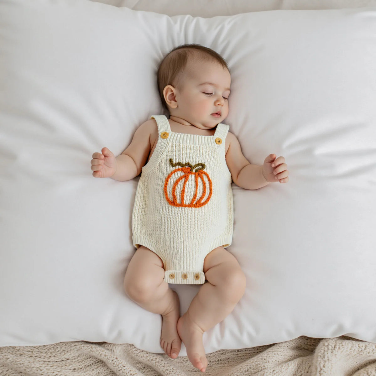 Sleeping baby wearing cream knit romper overalls with an orange embroidered pumpkin on the chest. Sleeveless seasonal baby outfit.