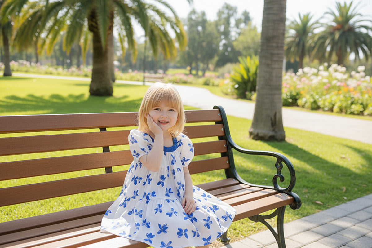 Young girl in a white dress with blue floral patterns sitting on a modern interior floor.
