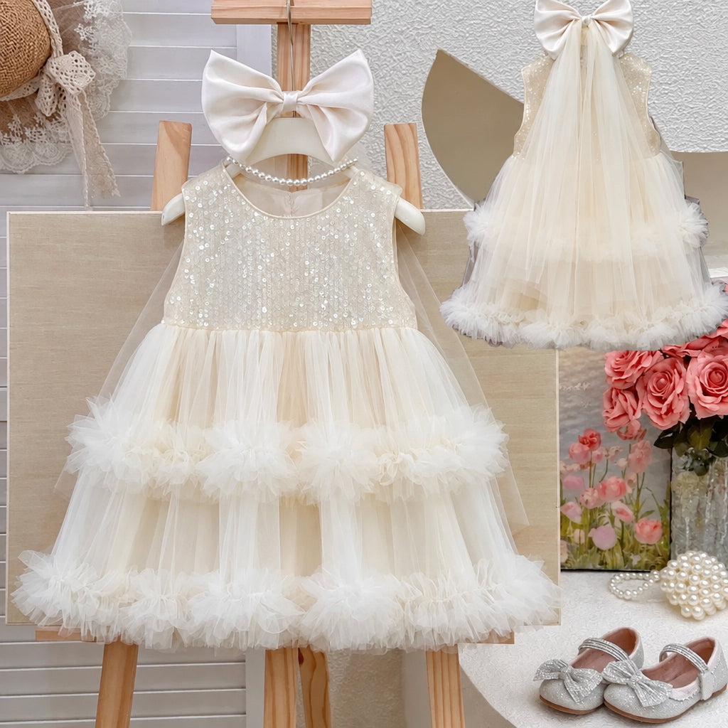 A sleeveless cream tulle dress for toddlers or girls, featuring a sequined bodice, layered ruffle skirt, and a large matching bow headband. The dress is displayed on a wooden hanger stand, with a smaller inset view of the dress on the upper right and a decorative floral corner on the lower right.