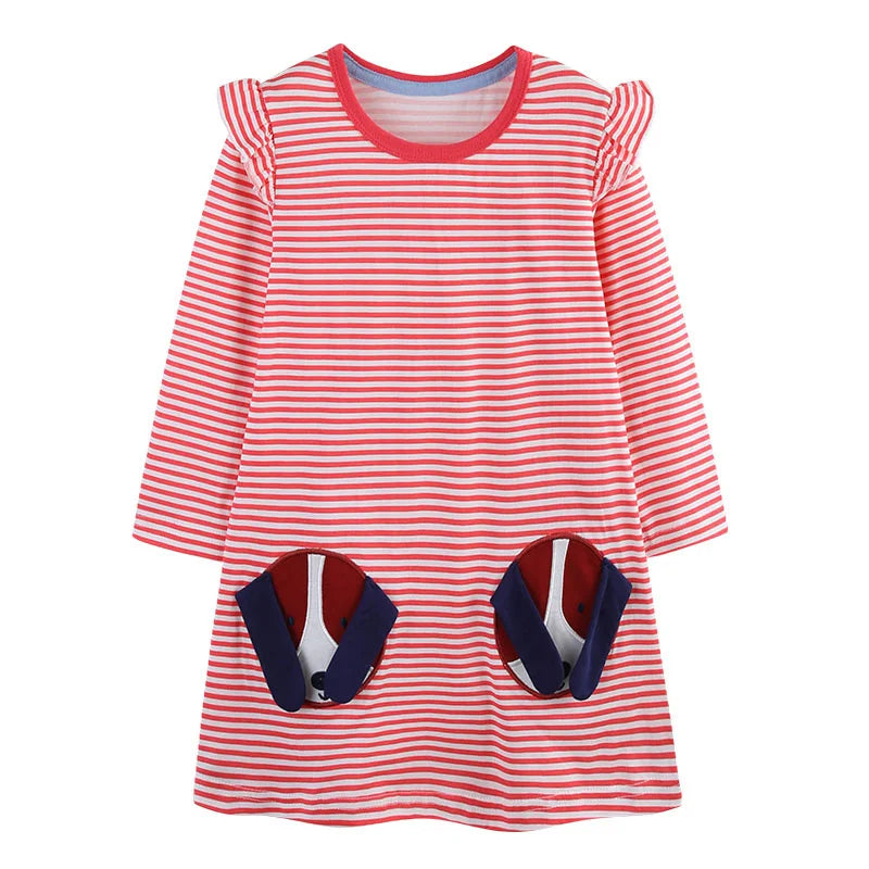 Puppy Dog Love Long Sleeve Little Girls Dress featuring a striped design with puppy-shaped pockets, perfect for playful elegance.
