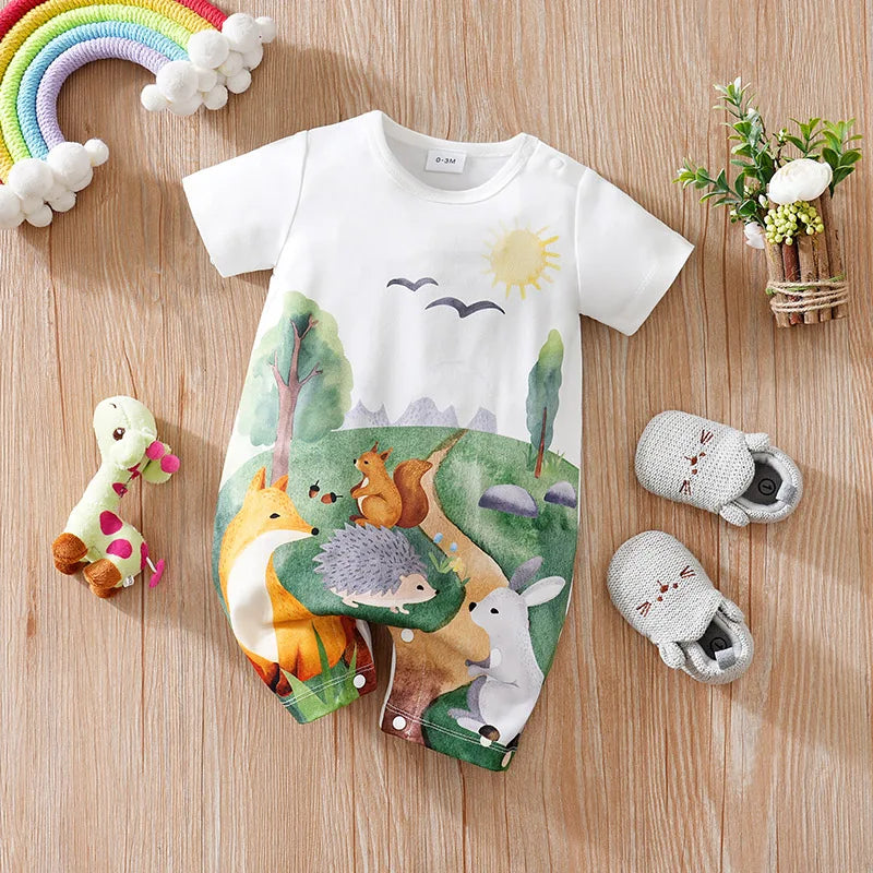 Cute 'Forest Animals' Baby Romper for Boys - Featuring charming animal prints and sunshine, perfect for playful infants.