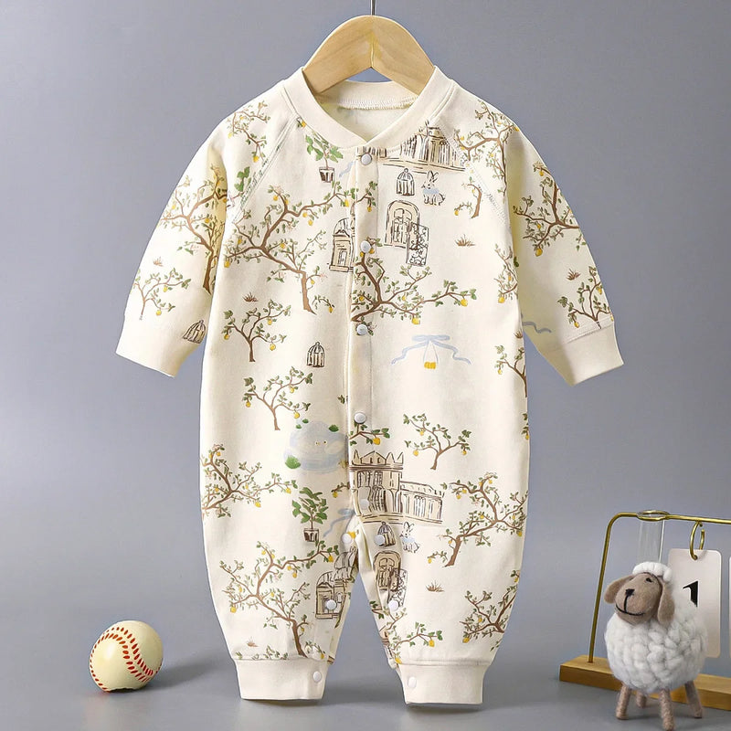Baby romper with oriental print featuring a charming design inspired by traditional landscapes, made of soft cotton, perfect for infants aged 6-18 months.