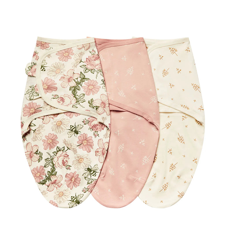 Soothing Baby Swaddle Bags for Babies - 3 Piece Set showing swaddle bags with a pink theme and flower designs. Perfect baby swaddle bags for comfortable cuddling.