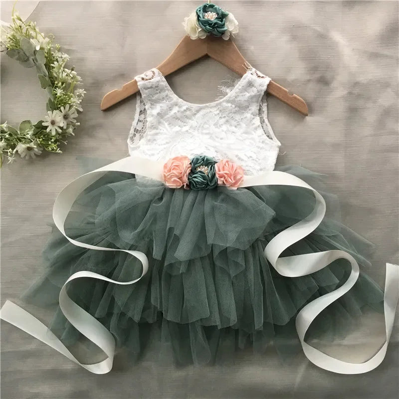 White lace bodice, teal layered tulle skirt, pink/teal beaded belt and headband-vintage-inspired 3-piece dress set