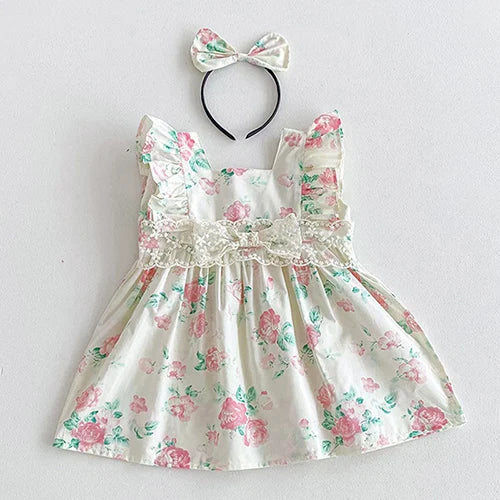 Vintage Outfits - Floral dress featuring ruffled sleeves and a matching headband, perfect for babies and toddlers.