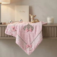 Pink Minky baby blanket with raised dots, crown appliqué with crystals, pink bows, lace edges, silver trim.