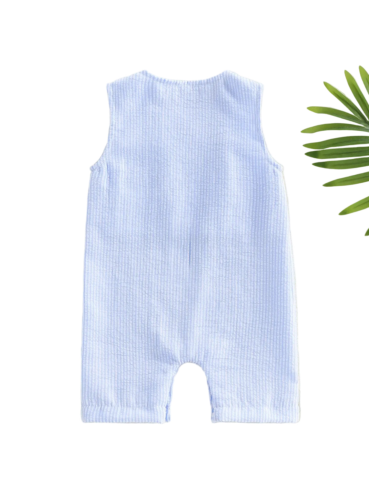Blue striped romper on a light beige background with decorative elements.