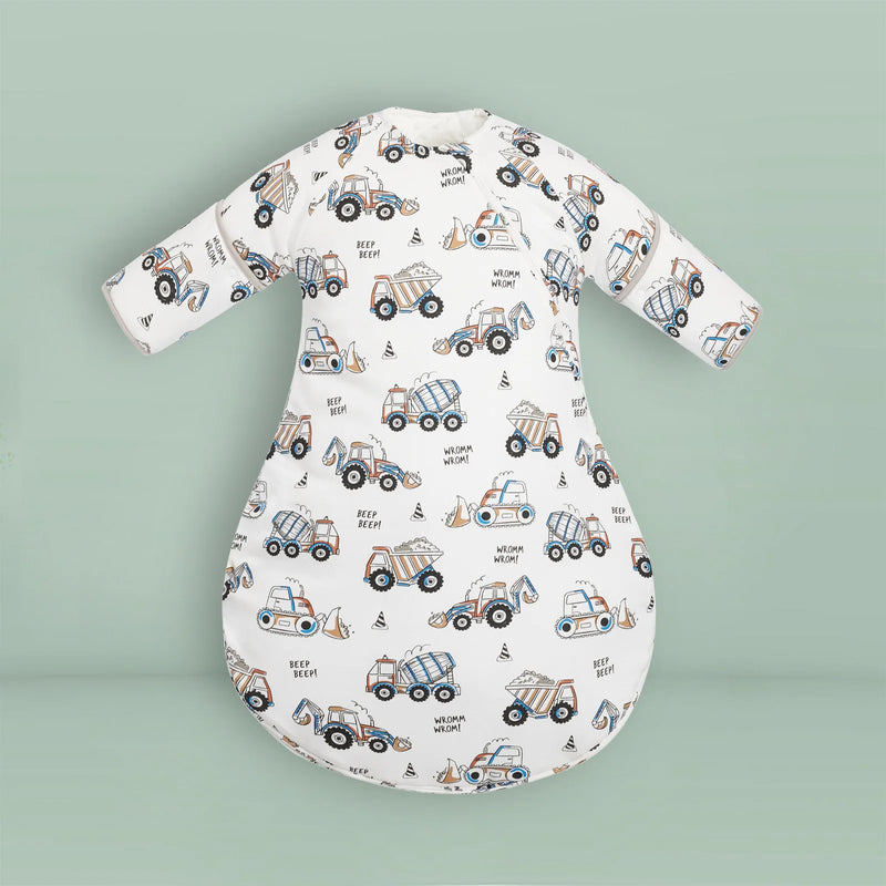 Durable Soft Zippered Anti-Kick Toddler Sleep Sack exhibiting a whimsical truck print, combining style and practicality for toddlers.