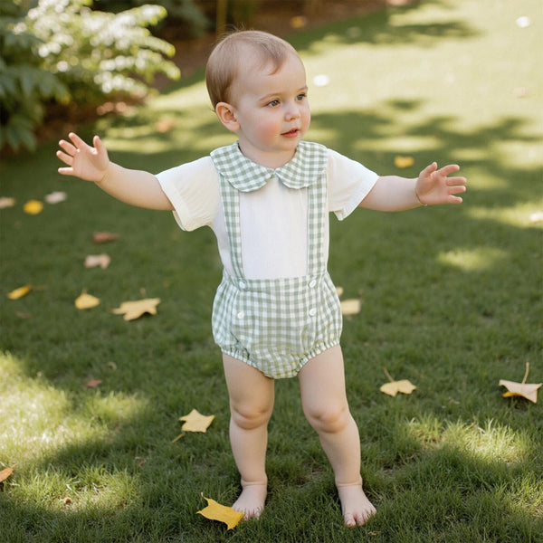 Carlton check romper and shorts outfit for boys, green gingham two-piece baby set with collar.