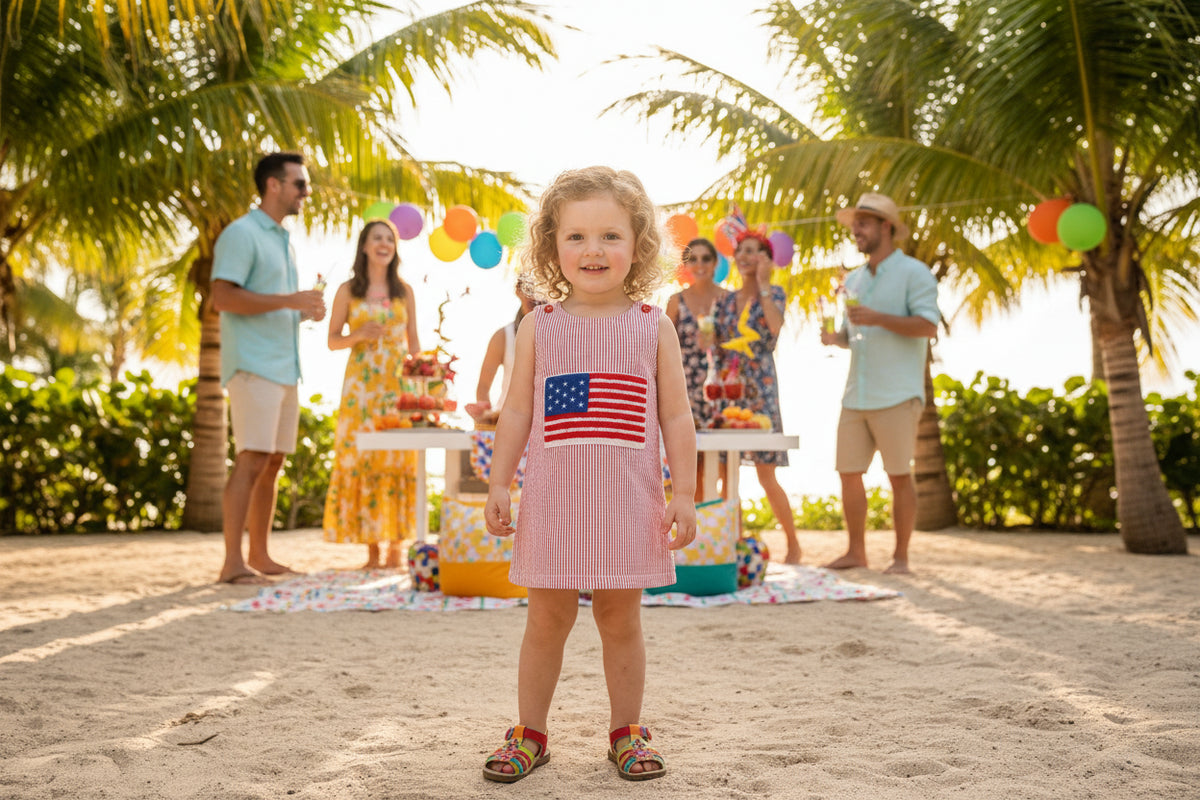 Little Girls Summer Dress in Patriotic Seersucker Style - The Palm Beach Baby Estimated 12 - 20 Day Shipping