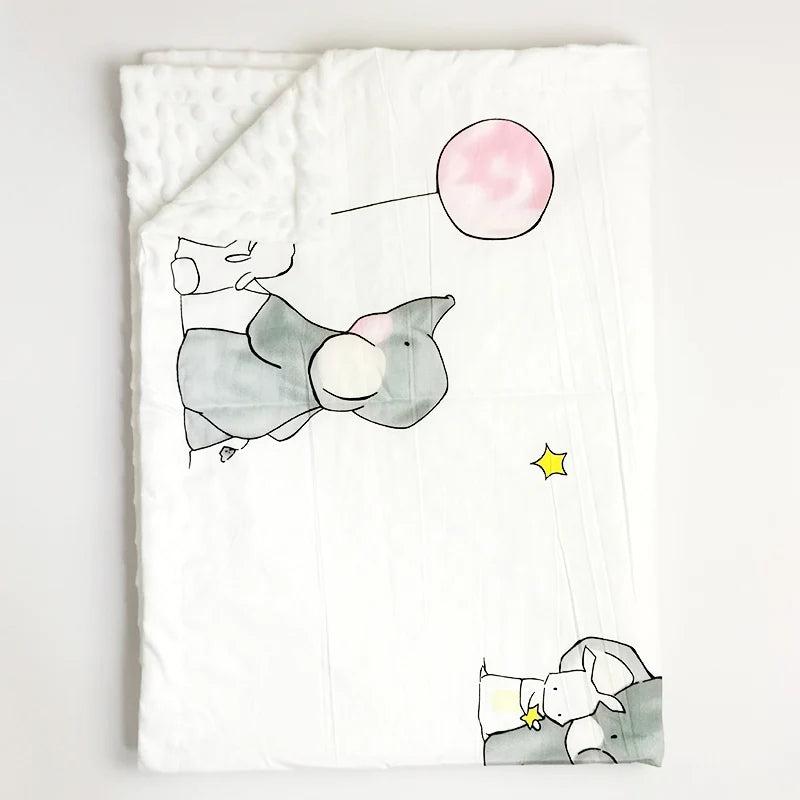 White Minky baby blanket featuring a gray elephant drawing with a pink balloon and yellow star, 100x75cm ultra-soft design for toddlers.