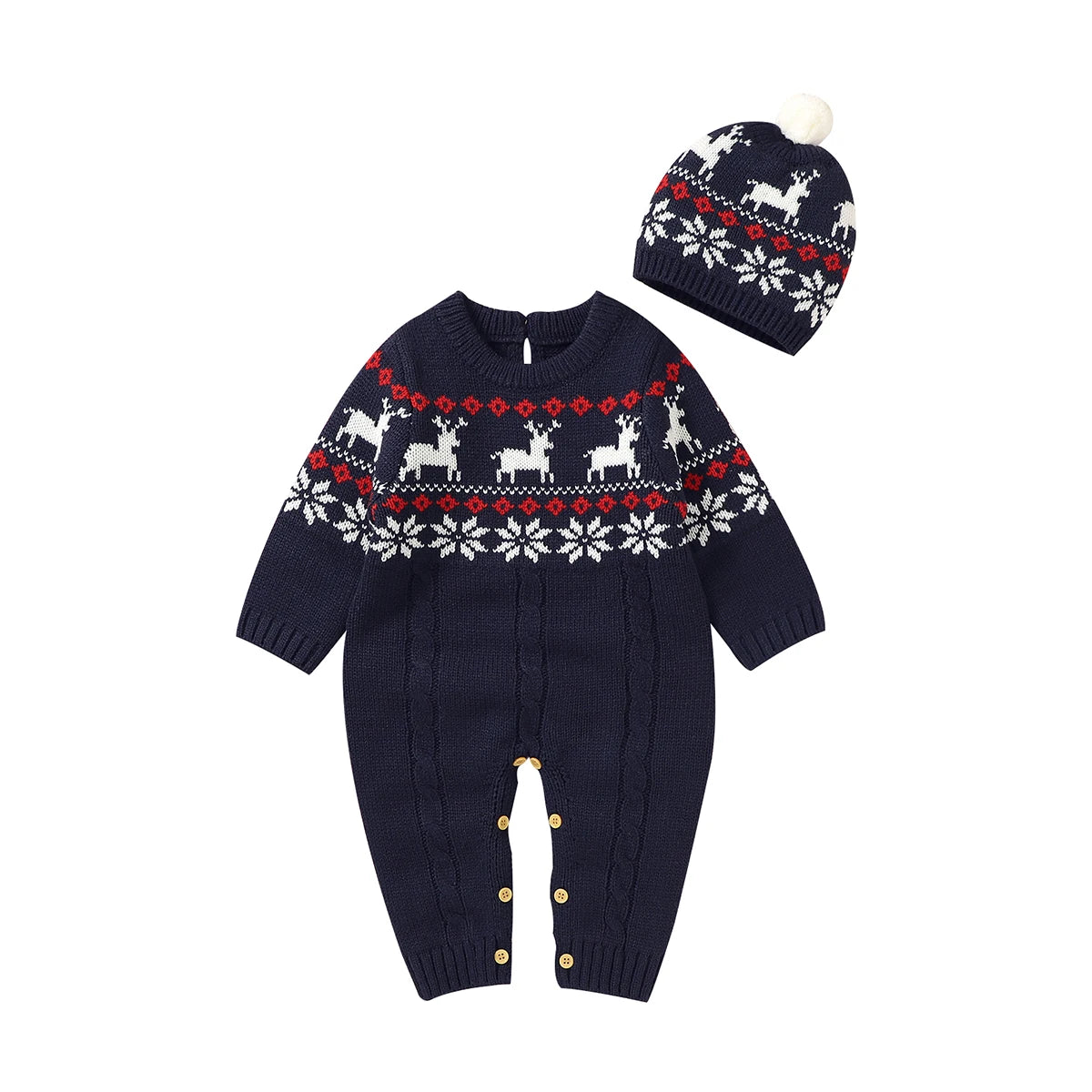 Adorable kids winter knit romper, designed with festive motifs and a matching hat, displayed from the 'Winter Sweeties' collection for winter warmth.