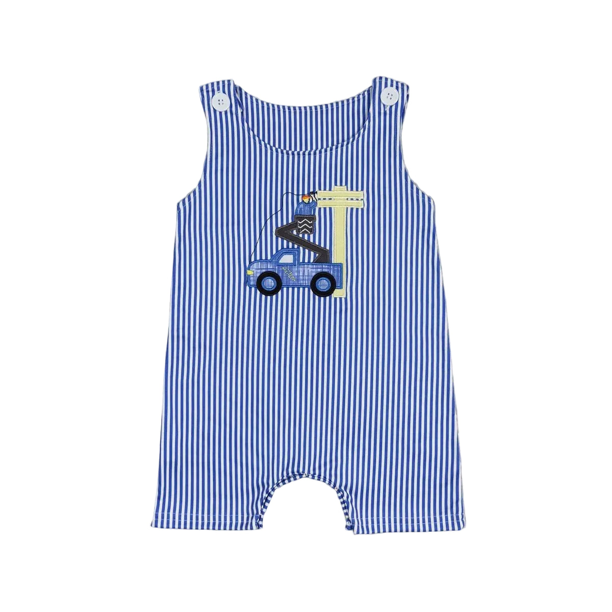 Blue-and-white striped baby romper with a construction truck graphic; sleeveless, snap straps, lightweight.