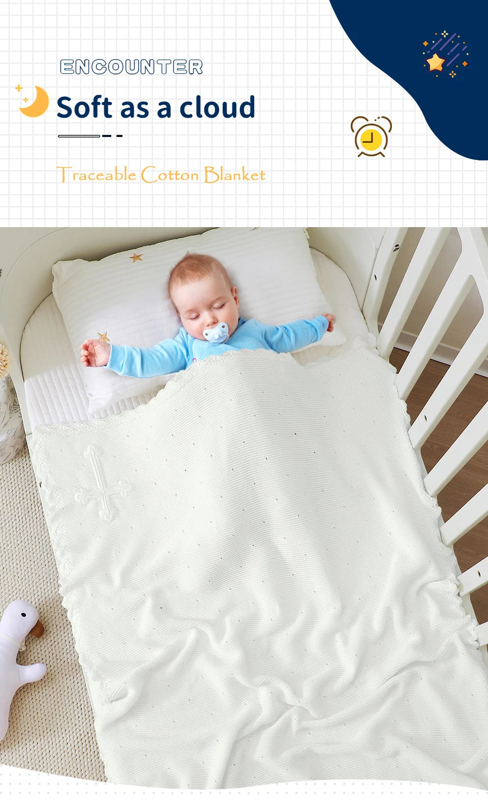 Sleeping baby in a crib under a white cotton crocheted cross baptism blanket, 100 x 80 cm, soft knit.
