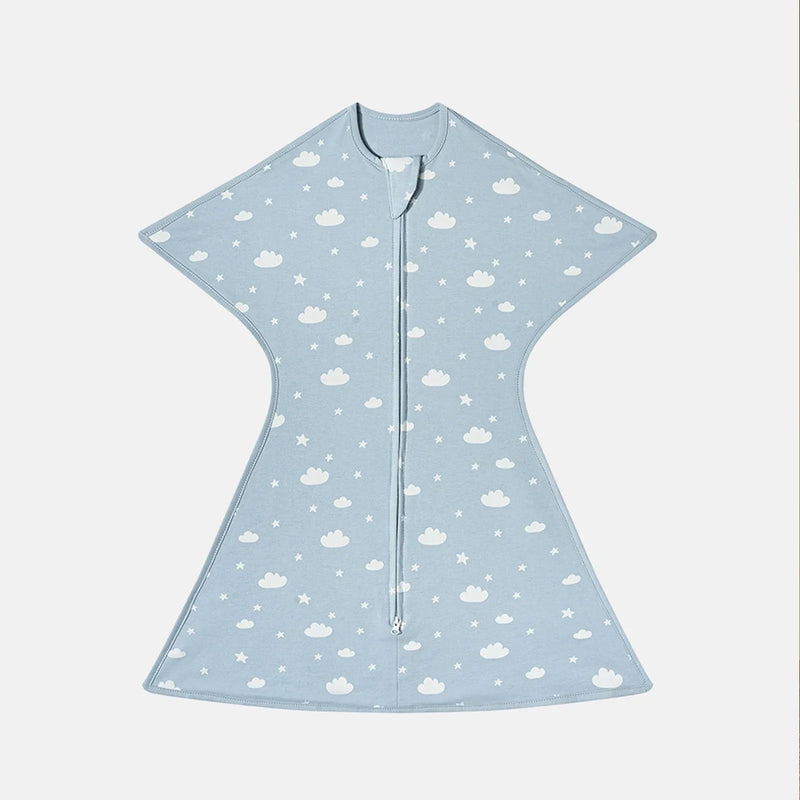 Breathable cotton lightweight baby sleep sack in light blue with cloud and star patterns for serene sleep.