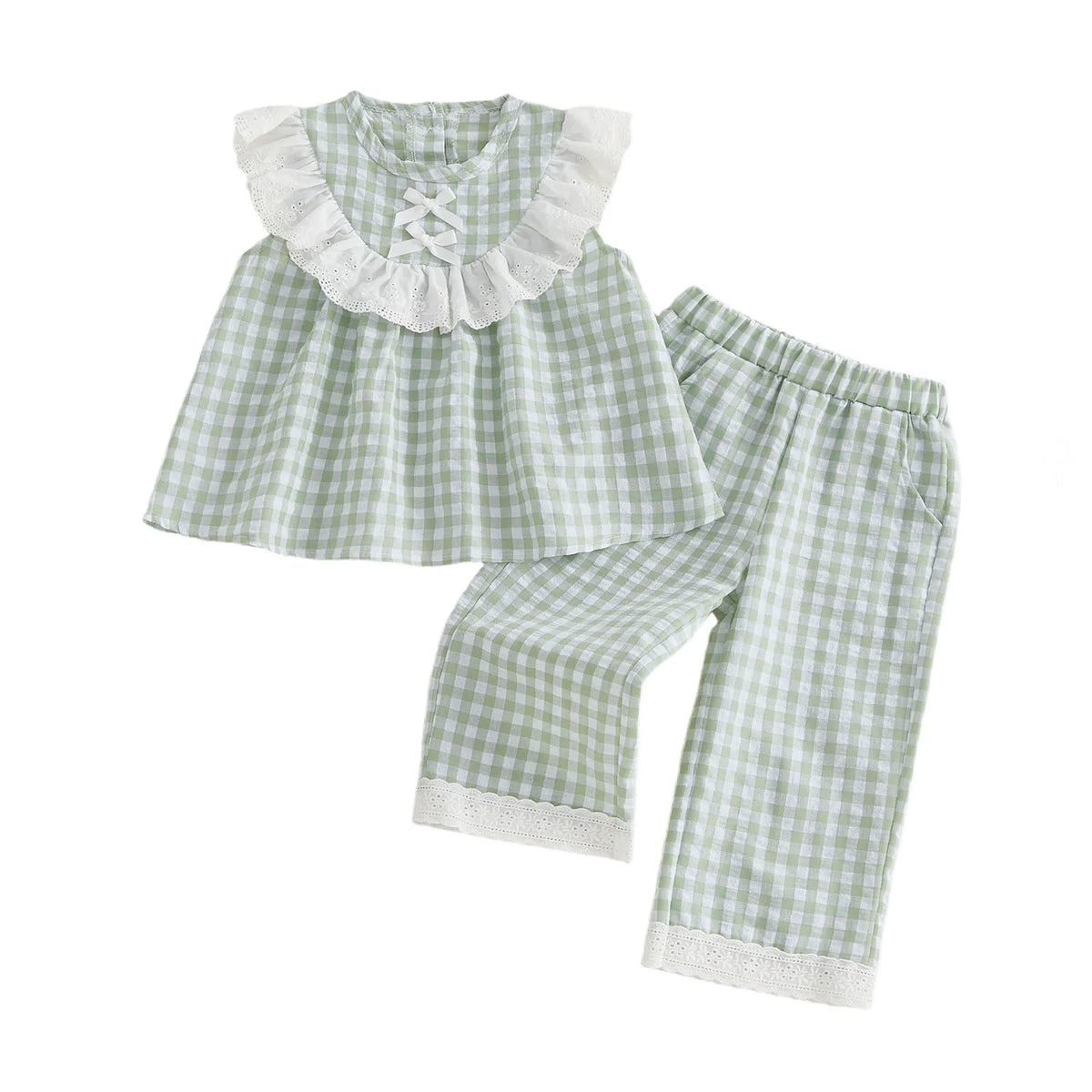 Green gingham eyelet and checks two-piece pant set for little girls with white lace ruffle top and lace-trimmed cuffs.