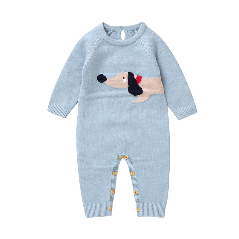 Full view of the "Doxie Dashound" Embroidered Baby Sweater Romper in light blue, showing the design and button details.