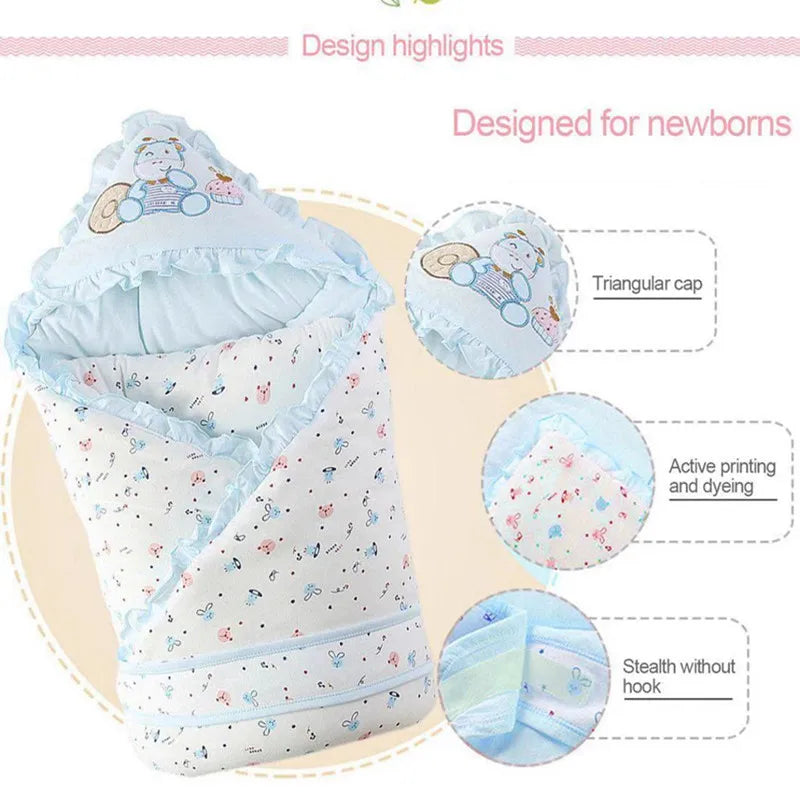 Infants Swaddle Wrap emphasizing safety features for newborns, including a charming design with playful graphics.