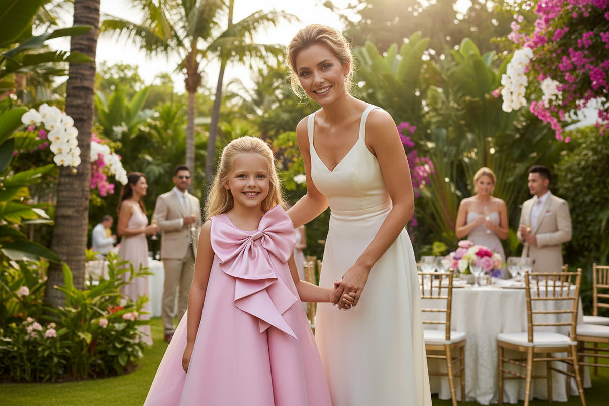 Little girl in a pink dress with a large bow at an outdoor garden party, beside a smiling woman in white.