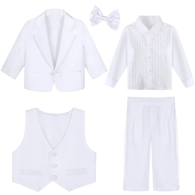 Complete Hudson Boys' Tuxedo Set in white, displaying the jacket, vest, bow tie, dress shirt, and pants clearly.
