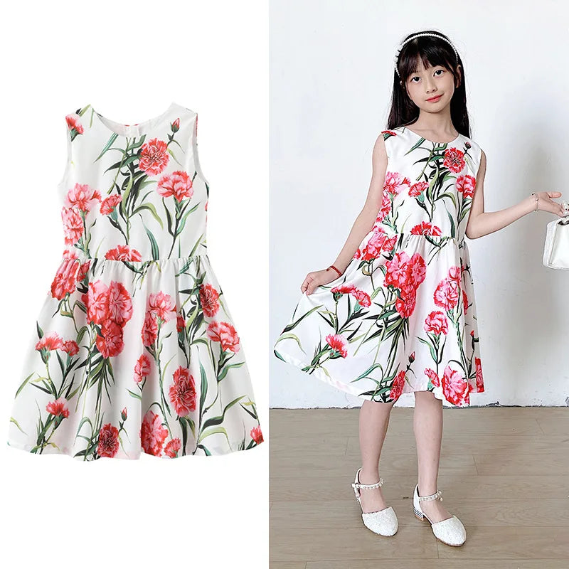 The Lovely "Laurel" Floral Print Party Dress - Sleeveless, featuring a vibrant red and white floral pattern, perfect for Spring and Summer celebrations.